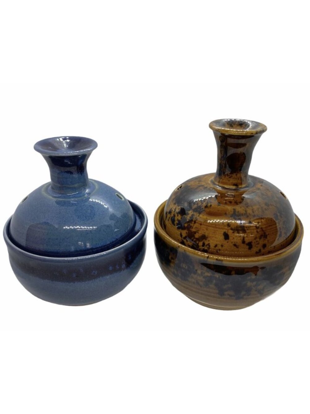 Art Pottery Signed Peter LOT 2 Brown Blue Oil Lamp Double Wick